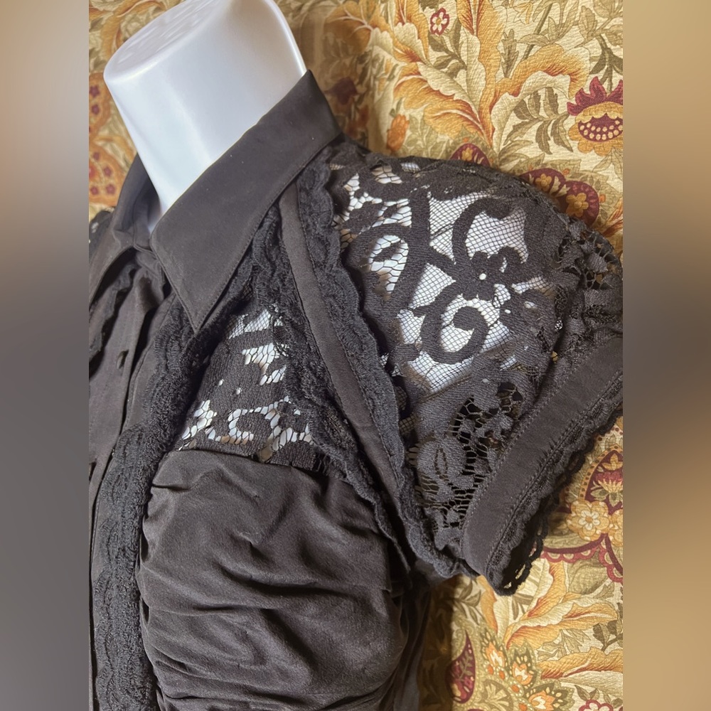 Vintage Bebe Silk Button Up Blouse w/Sheer Lace Burlesque Retro Pinup Goth XS - Picture 10 of 11